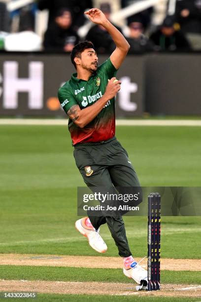 Soumya Sarkar of Bangladesh bowls during game six of the T20 International series between Bangladesh and Pakistan at Hagley Oval on October 13, 2022...