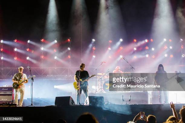 Black Francis, Joey Santiago, David Lovering and Paz Lenchantin members of the band Pixies performs live on stage during Popload Festival 2022 at...