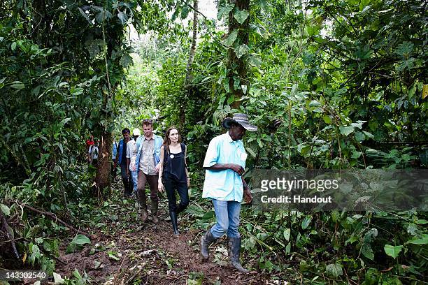 In this handout image provided by UNHCR, UNHCR Special Envoy Angelina Jolie walks through the jungle led by Plinio, the President of Providencia...