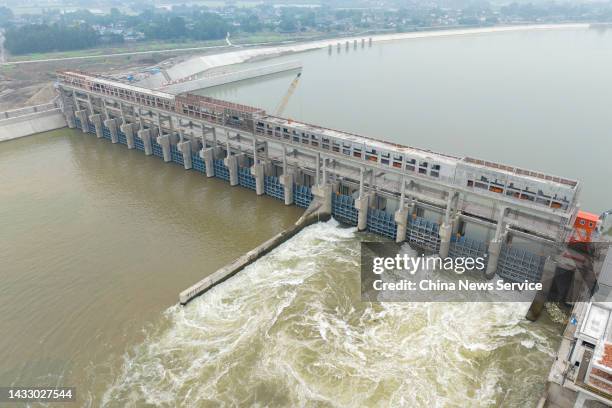 Aerial view of the 17-hole dam of the Huduxi Natigation and Hydropower Hub on Minjiang River on October 12, 2022 in Qingshen County, Meishan City,...