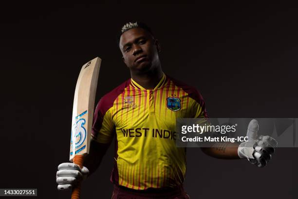 Evin Lewis poses during the West Indies ICC Men's T20 Cricket World Cup 2022 team headshots at Melbourne Cricket Ground on October 11, 2022 in...
