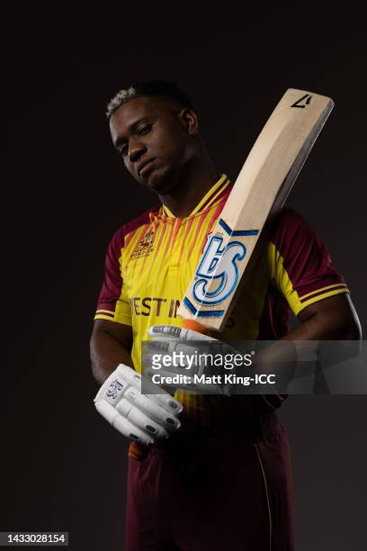Evin Lewis poses during the West Indies ICC Men's T20 Cricket World Cup 2022 team headshots at Melbourne Cricket Ground on October 11, 2022 in...