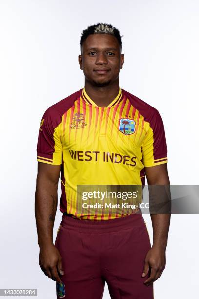 Evin Lewis poses during the West Indies ICC Men's T20 Cricket World Cup 2022 team headshots at Melbourne Cricket Ground on October 11, 2022 in...