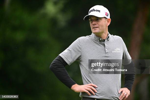 Brendan Steele of the United States reacts after the birdie on the 17th green during the first round of the ZOZO Championship at Accordia Golf...