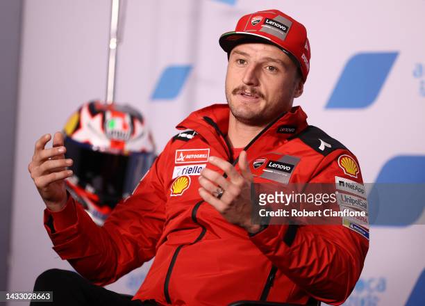 Jack Miller of Australia and the Ducati Lenovo eam is seen during a press conference ahead of the MotoGP of Australia at Phillip Island Grand Prix...