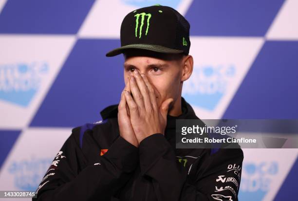 Fabio Quartararo of France and the Monster Energy Yamaha MotoGP team is seen at a press conference ahead of the MotoGP of Australia at Phillip Island...