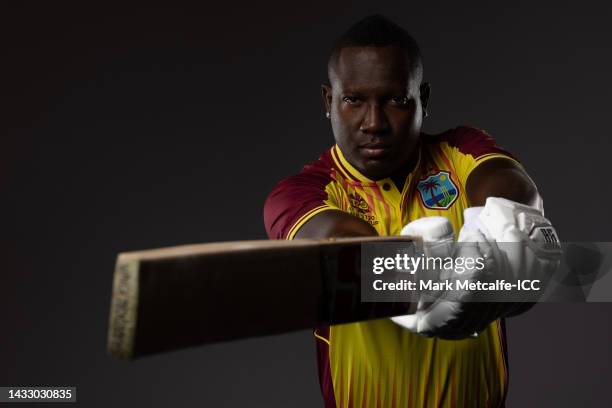 Rovman Powell poses during the West Indies ICC Men's T20 Cricket World Cup 2022 team headshots at Melbourne Cricket Ground on October 11, 2022 in...