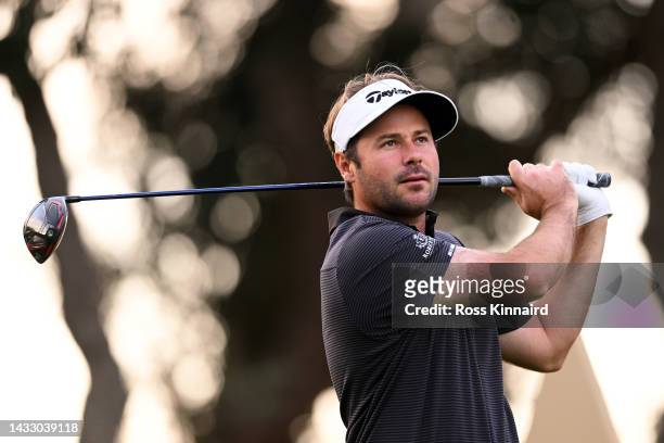 Victor Dubuisson of France tees off the second hole during Day One of the Estrella Damm N.A. Andalucía Masters at Real Club Valderrama on October 13,...