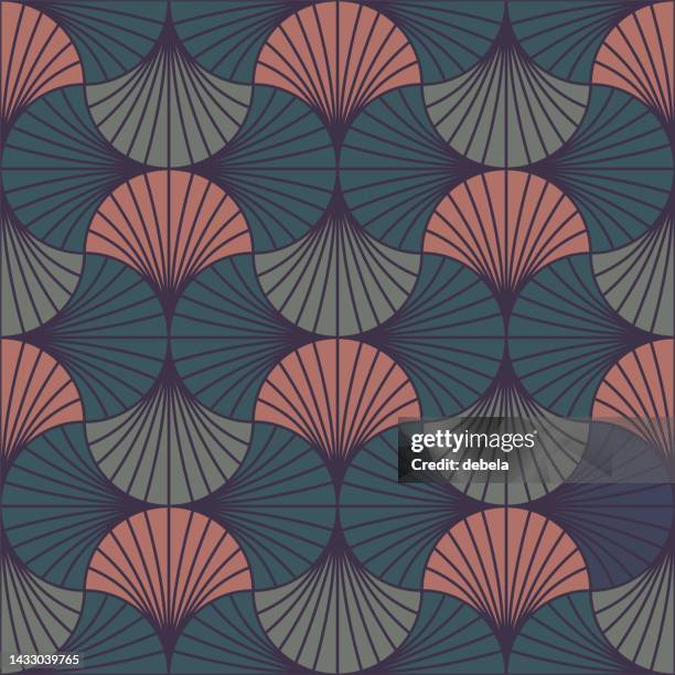 ilustrações, clipart, desenhos animados e ícones de padrão de fãs do art deco. fundo ornamental azul e bege. design de decoração de interiores. - art nouveau