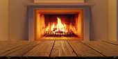 Empty wooden table on burning fireplace background. Warm home, holiday template