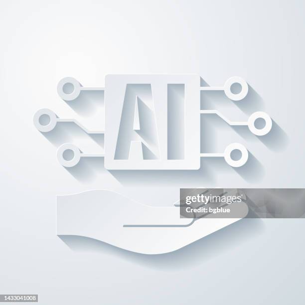 artificial intelligence ai in hand. icon with paper cut effect on blank background - holding computer chip stock illustrations