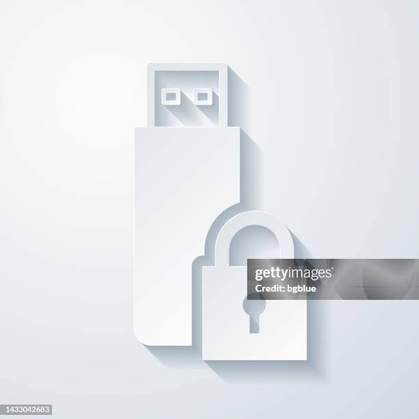 usb flash drive with padlock. icon with paper cut effect on blank background - steering lock stock illustrations