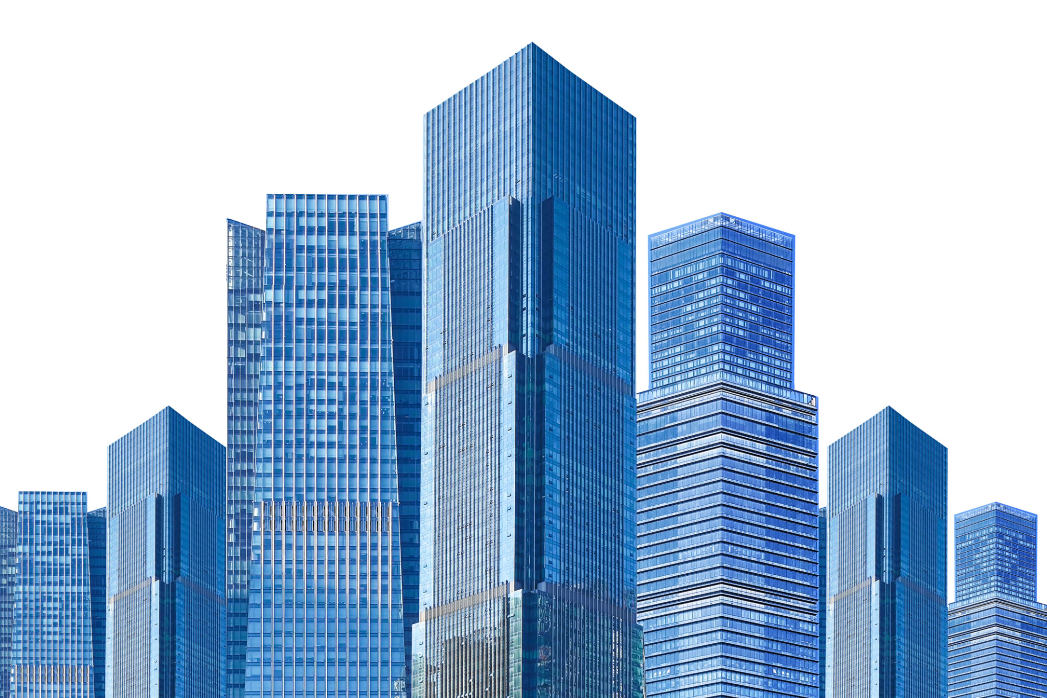 A collection of modern urban skyscrapers against a white background A collection of modern urban skyscrapers against a white background