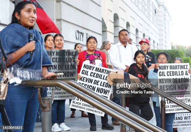 Janet Martinez , Vice executive director of Comunidades Indigenas en Liderazgo , speaks at a demonstration outside City Hall calling for the...