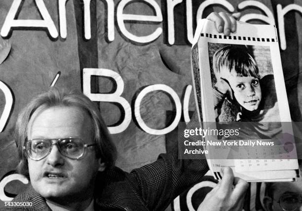 David Thorstad, a founding member of N.A.M.B.L.A. North American Man/Boy Love Association, shows a machine copy of what he says is a 1968 calender...