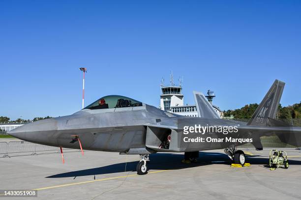 The F-22 Raptor is pictured during a NATO air shielding exercise at the 32nd Air Tactical Base on October 12, 2022 in Lask, Poland. NATO's Allied Air...