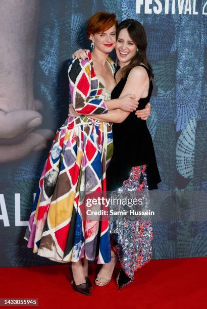 Jessie Buckley and Claire Foy attend the "Women Talking" UK Premiere during the 66th BFI London Film Festival at The Royal Festival Hall on October...