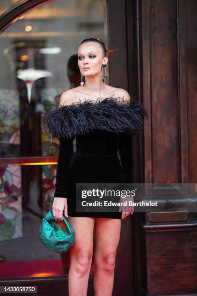 Guest wears silver chain and black pendant earrings, a black velvet shoulder-off / long sleeves / short tube dress with embroidered large feathers...