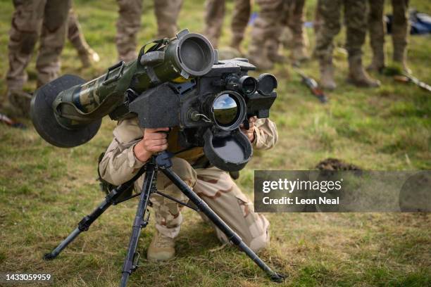 Ukrainian recruit looks through the viewfinder of a FGM-148 Javelin surface-to-air missile during a field training session with the UK armed forces...