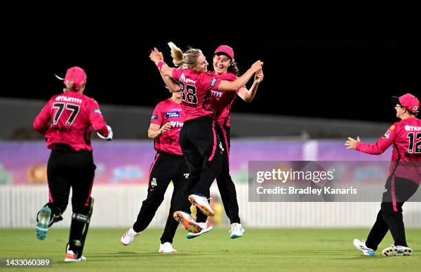 Maitlan Brown of the Sixers celebrates taking the wicket of Laura Harris of the Heat during the Women's Big Bash League match between the Brisbane...