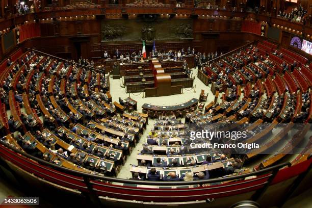 General view of Italian Chamber of Deputies during first parliament sitting of the Italian Republic's XIX Legislature after snap elections at...