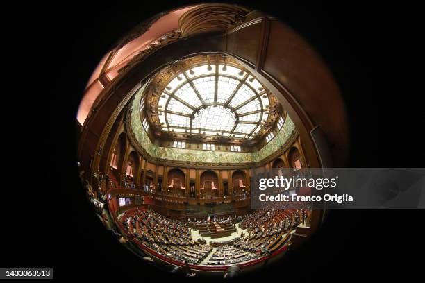 General view of Italian Chamber of Deputies during first parliament sitting of the Italian Republic's XIX Legislature after snap elections at...