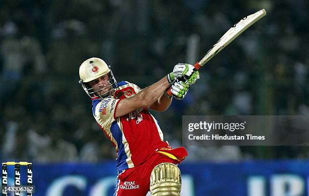 Royal Challengers Bangalore batsman AB de Villiers plays a shot during the IPL 5 T20 cricket match played between Rajasthan Royals and Kings XI...