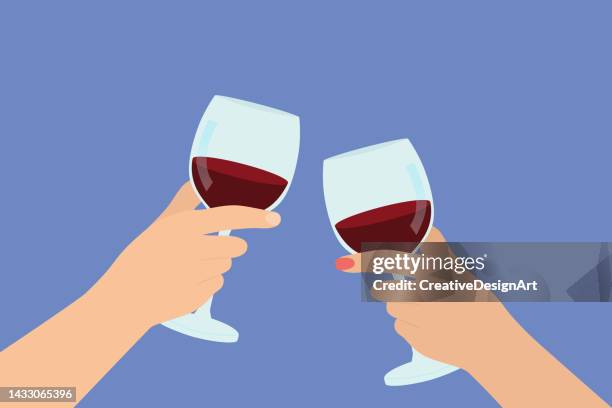 ilustrações de stock, clip art, desenhos animados e ícones de close-up of couple hands toasting wine glasses - celebratory toast