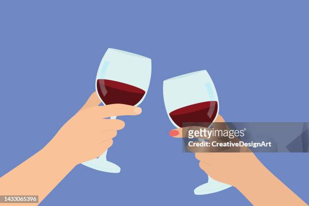 close-up of couple hands toasting wine glasses - encourage stock illustrations