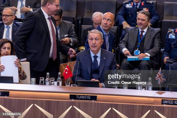 Turkish Defence Minister Hulusi Akar is seen seated at the start of the North Atlantic Council meeting of defence ministers during the second and...