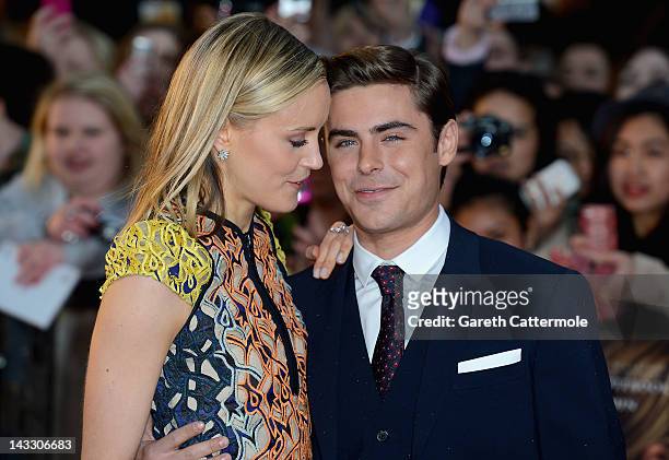 Actors Taylor Schilling and Zac Efron attend "The Lucky One" European film premiere at the Bluebird on April 23, 2012 in London, England.