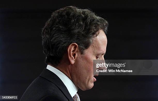 Treasury Secretary Timothy Geithner holds a briefing to release Social Security and Medicare trustees reports at the Treasury Department April 23,...