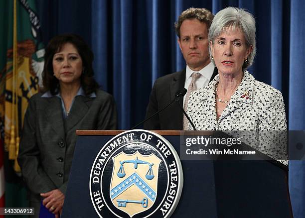 Health and Human Services Secretary Kathleen Sebelius speaks as U.S. Treasury Secretary Timothy Geithner , and Labor Secretary Hilda Solis look on...