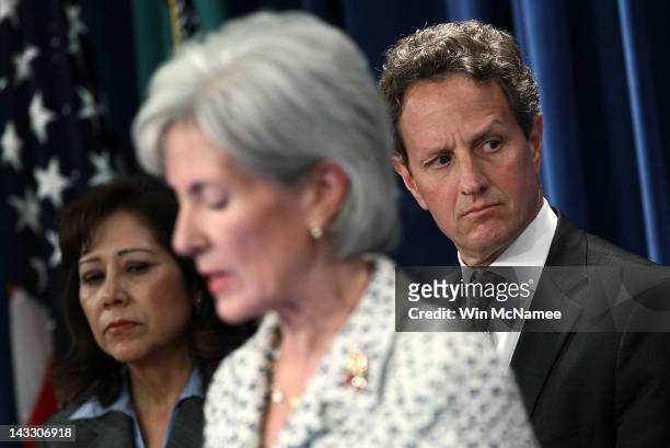 Treasury Secretary Timothy Geithner , Health and Human Services Secretary Kathleen Sebelius and Labor Secretary Hilda Solis hold a briefing to...