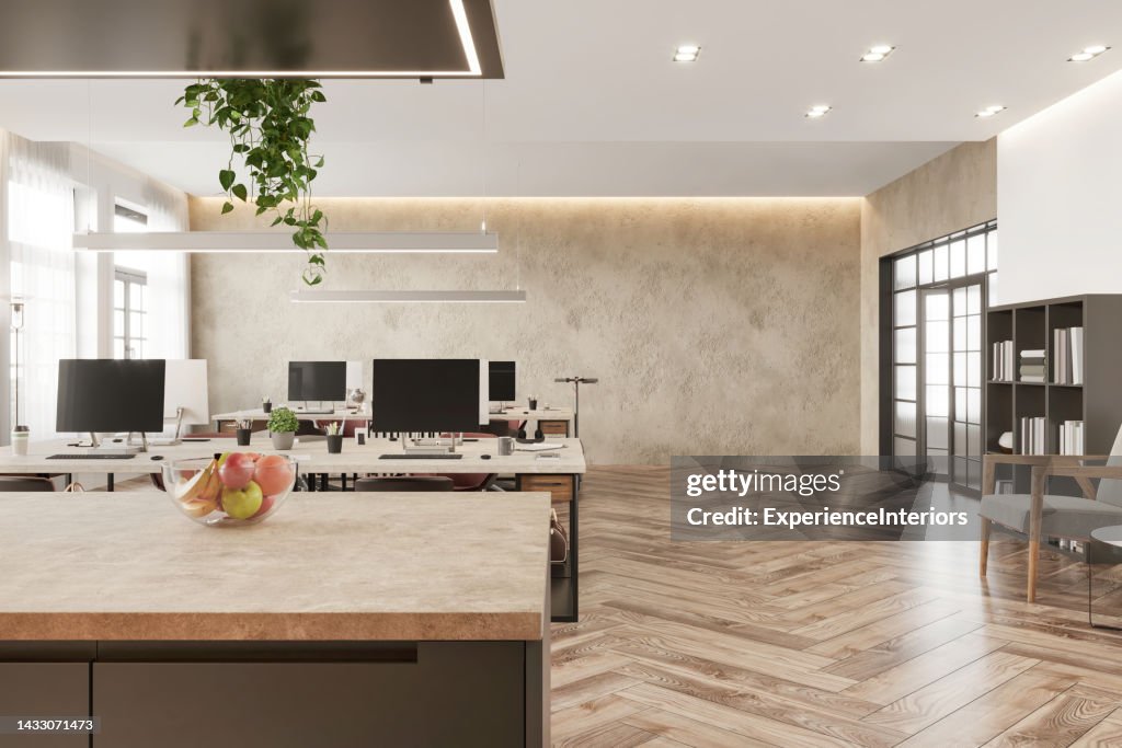 Modern Coworking Office Interior With Kitchen Island High-Res Stock ...