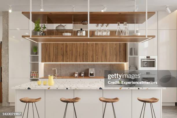 modern kitchen interior - kookeiland stockfoto's en -beelden