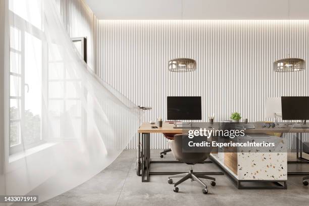 modern coworking office interior - curtains blowing stock pictures, royalty-free photos & images