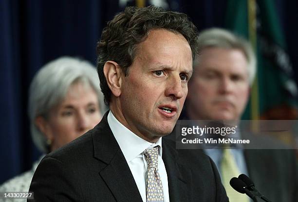 Treasury Secretary Timothy Geithner speaks as Health and Human Services Secretary Kathleen Sebelius and trustee Charles Blahous listen during a...
