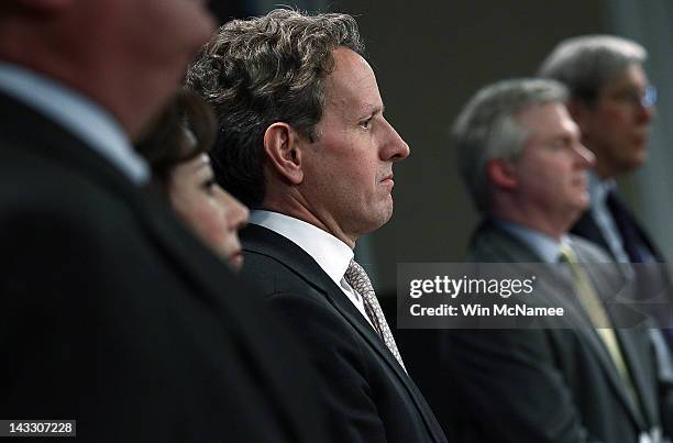 Treasury Secretary Timothy Geithner, and fellow trustees, holds a briefing to release Social Security and Medicare trustees reports at the Treasury...