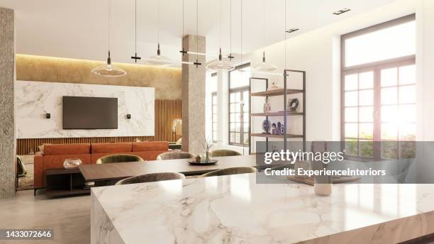 moderno interior de apartamento de planta abierta - banco de trabajo fotografías e imágenes de stock