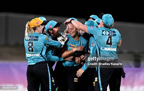 Jessica Kerr of the Heat is congratulated by team mates after taking the wicket of Alyssa Healy of the Sixers during the Women's Big Bash League...