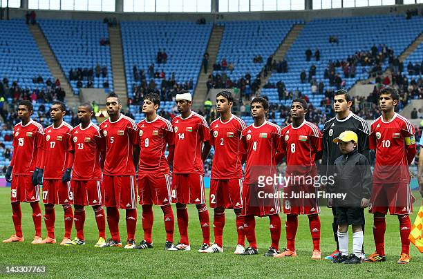 The Oman team line up before the London 2012 Olympic Qualifier match between Senegal and Oman at the Ricoh Arena on April 23, 2012 in Coventry,...