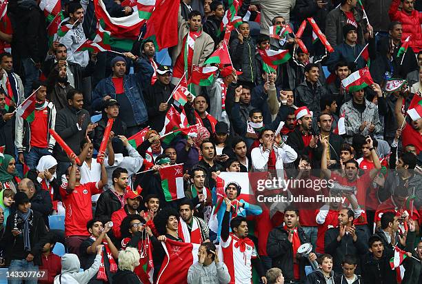Oman fans show their support during the London 2012 Olympic Qualifier match between Senegal and Oman at the Ricoh Arena on April 23, 2012 in...