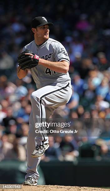 Starting pitcher Philip Humber of the Chicago White Sox pitches against the Seattle Mariners at Safeco Field on April 21, 2012 in Seattle,...