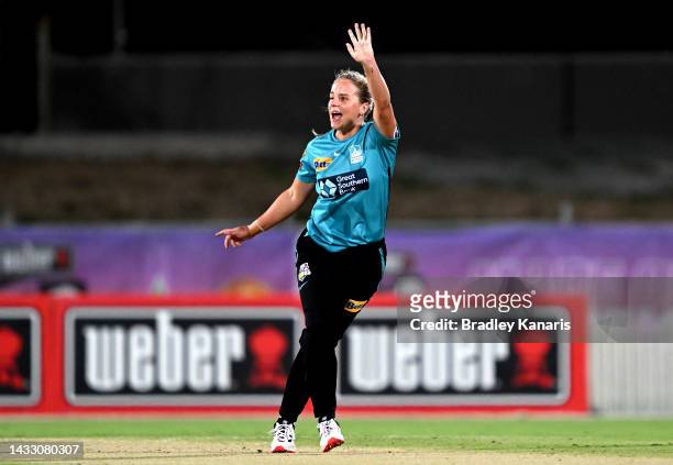 Jessica Kerr of the Heat celebrates the wicket of Ashleigh Gardner of the Sixers who was stumped by Georgia Redmayne of the Heat during the Women's...