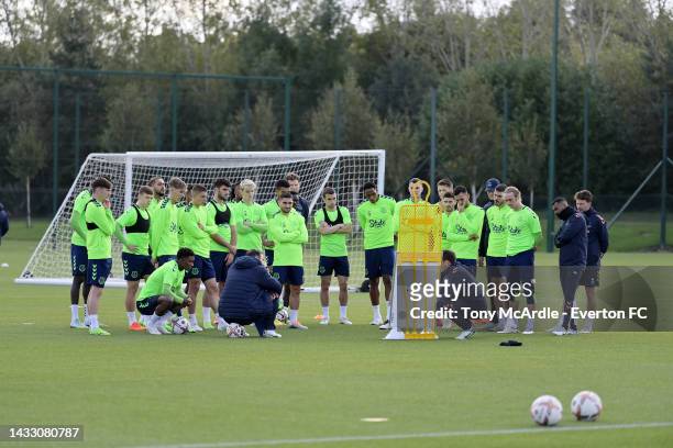Seamus Coleman and team mates listen to a team talk during the Everton Training Session at Finch Farm on October 12, 2022 in Halewood, England.