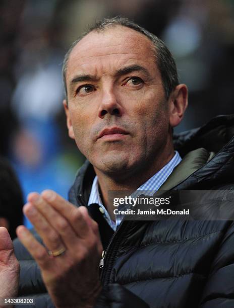 Oman coach, Paul Le Guen looks on during the London 2012 Olympic Qualifier between Senegal and Oman at Ricoh Arena on April 23, 2012 in Coventry,...