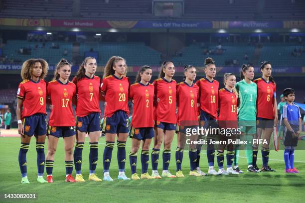 Team of Spain during the national anthem before the FIFA U-17 Women's World Cup 2022 Group C match between Spain and Colombia at DY Patil Stadium on...