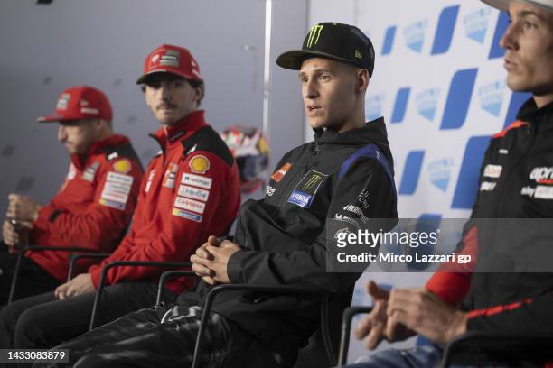 Fabio Quartararo of France and Monster Energy Yamaha MotoGP Team speaks during the press conference pre-event during previews ahead of the MotoGP of...
