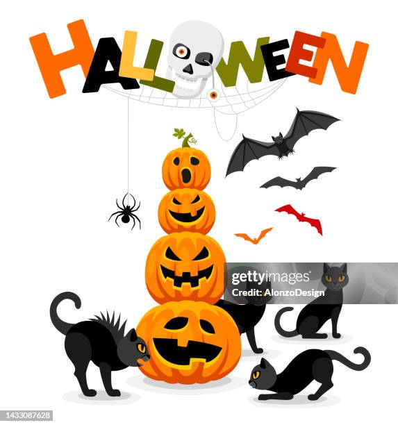 ilustraciones, imágenes clip art, dibujos animados e iconos de stock de cartel de la fiesta de halloween. murciélagos, gatos, calabazas y banderas de fiesta. - pumpkin cats